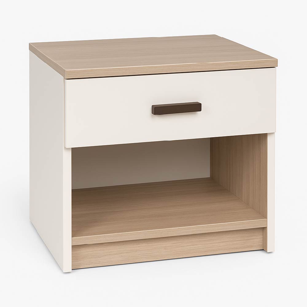 Tamara Luxury Wooden nightstand with a white drawer and light wood top.
