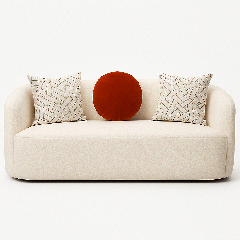Beige Sila sofa with patterned pillows and a round orange pillow  


