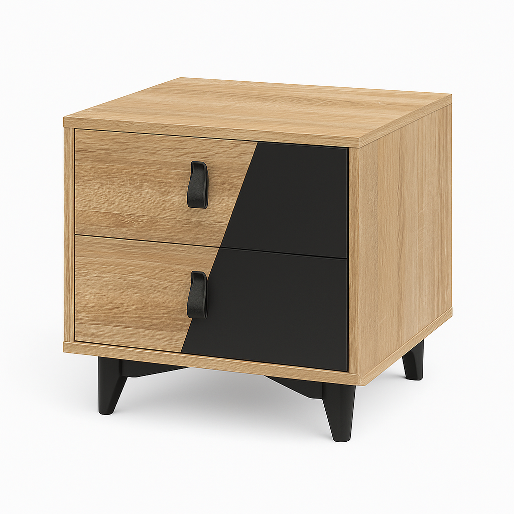 Wooden edge nightstand with two drawers, one black and one light wood.

