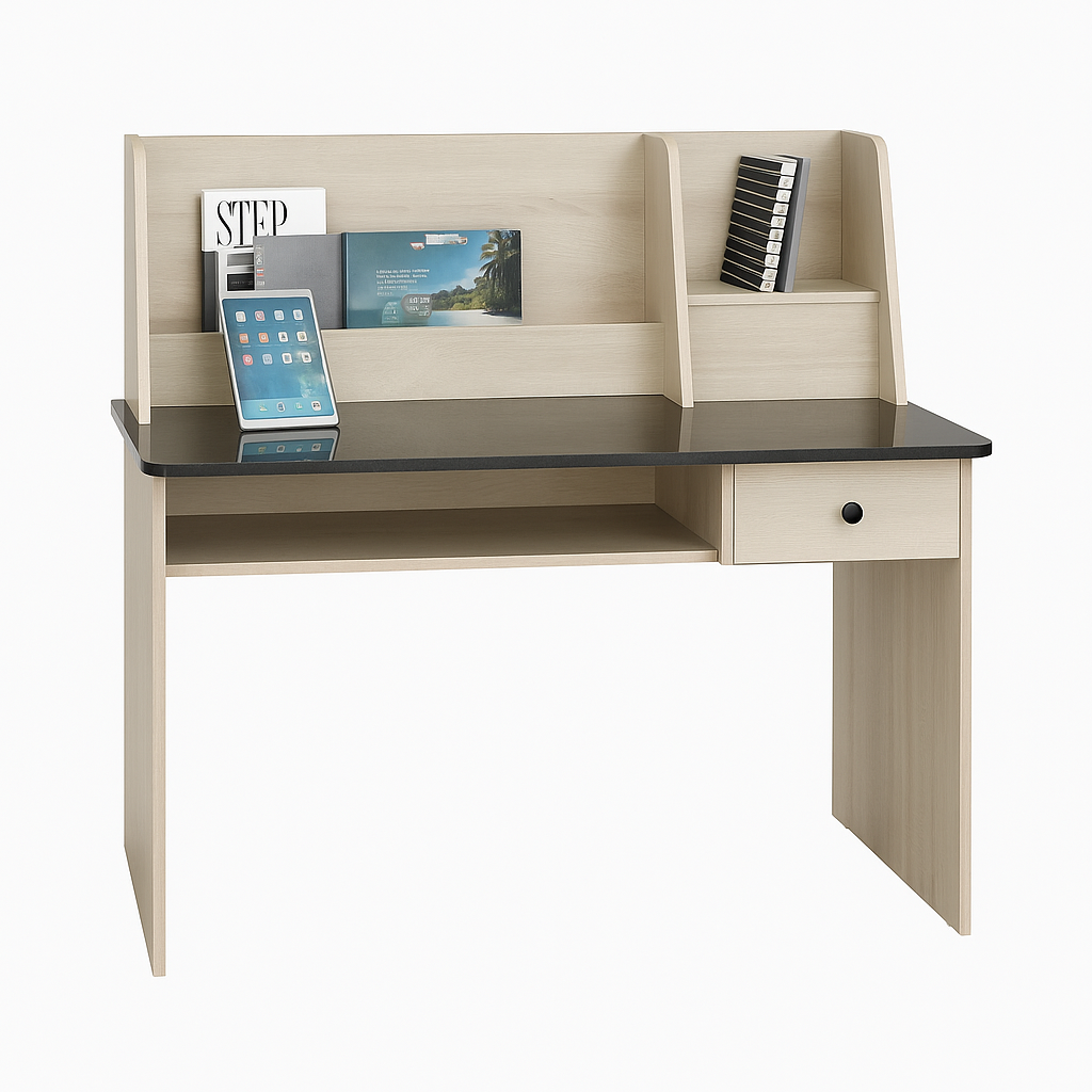 Tember Wooden desk with a black top.
