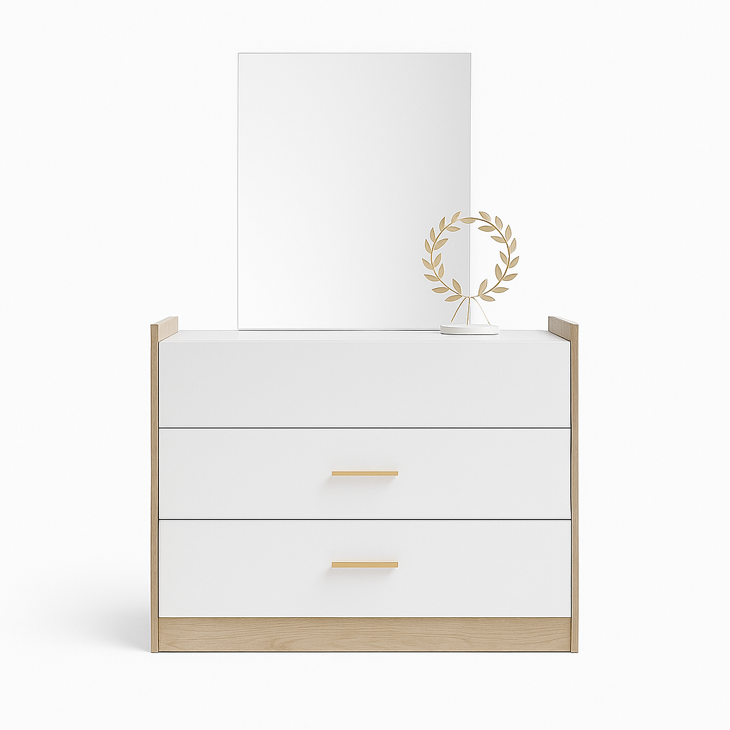 White Curve dresser with wooden accents and gold handles.
