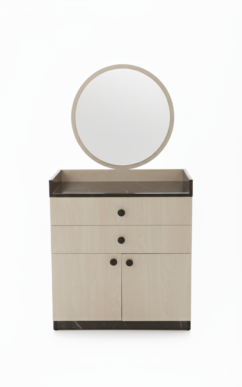 Beige Tember Wood dresser with round mirror.
