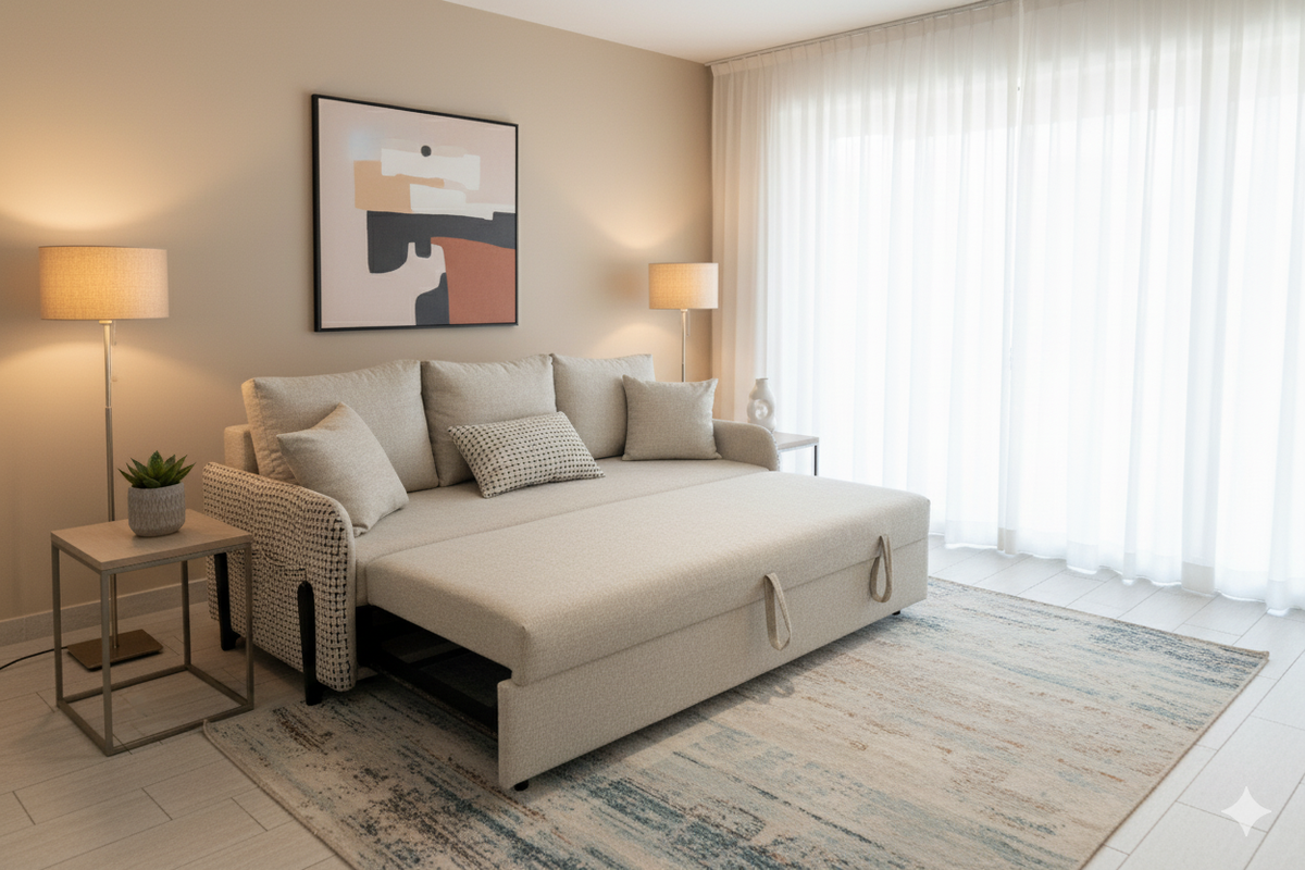 Beige Dream sectional sofa bed in a living room with a lamp, side table, and abstract art on the wall.