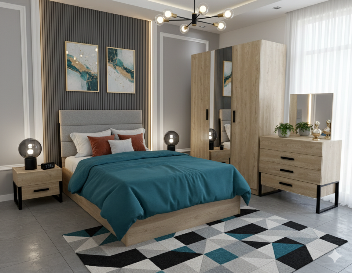 Modern Lego bedroom with wooden furniture, teal bedding, and decorative elements.