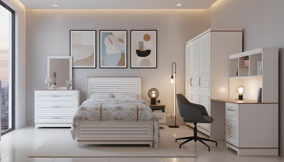 Whity Classic bedroom with white furniture, including a bed, dresser, and desk.