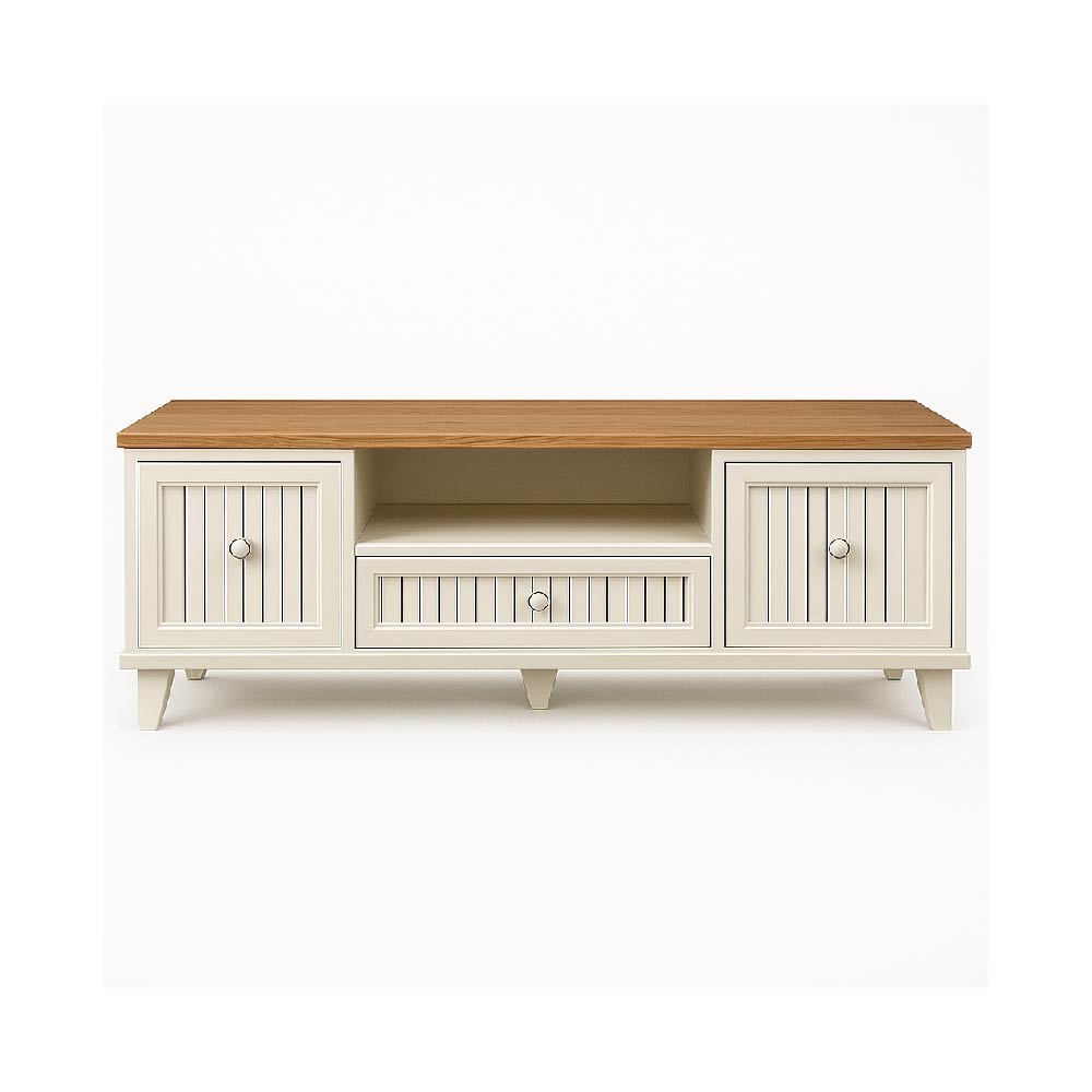 Wooden TV stand with white base and natural wood top 


